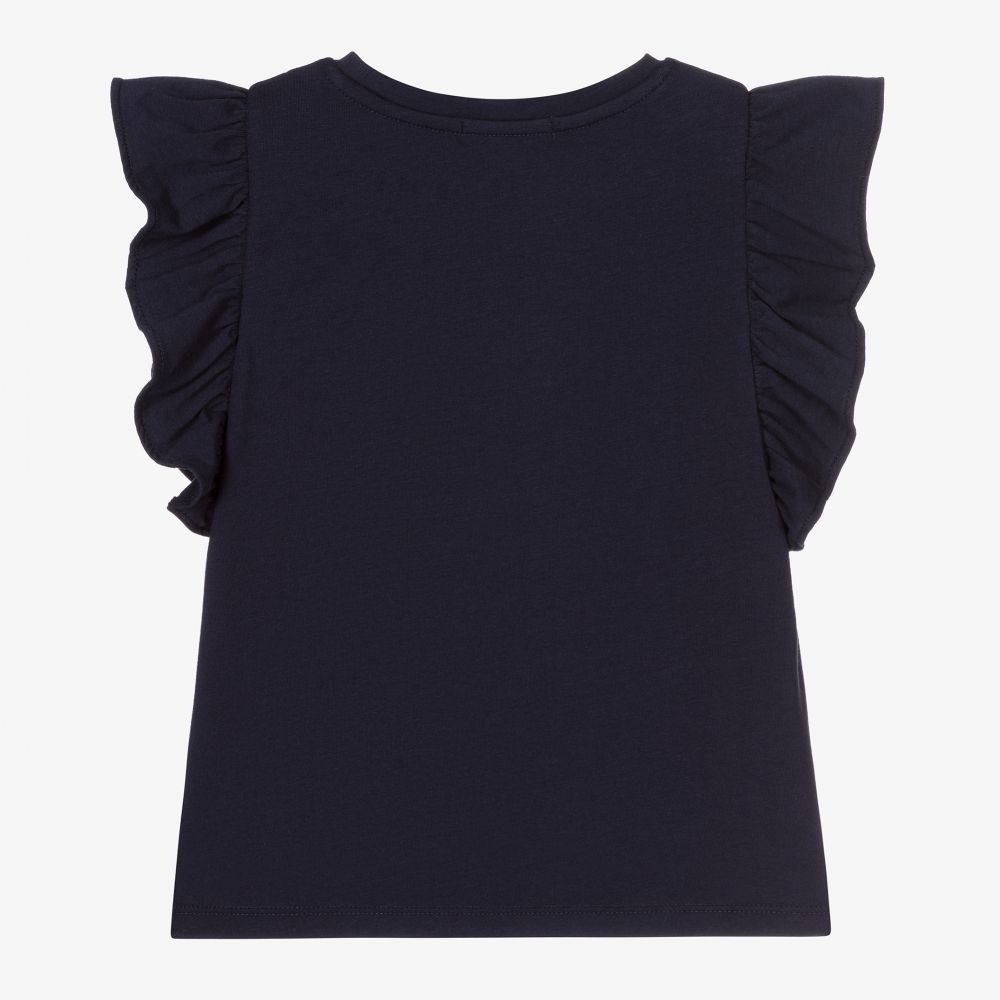 Charabia-Girls Blue Cotton Cat T-Shirt | Childrensalon Outlet