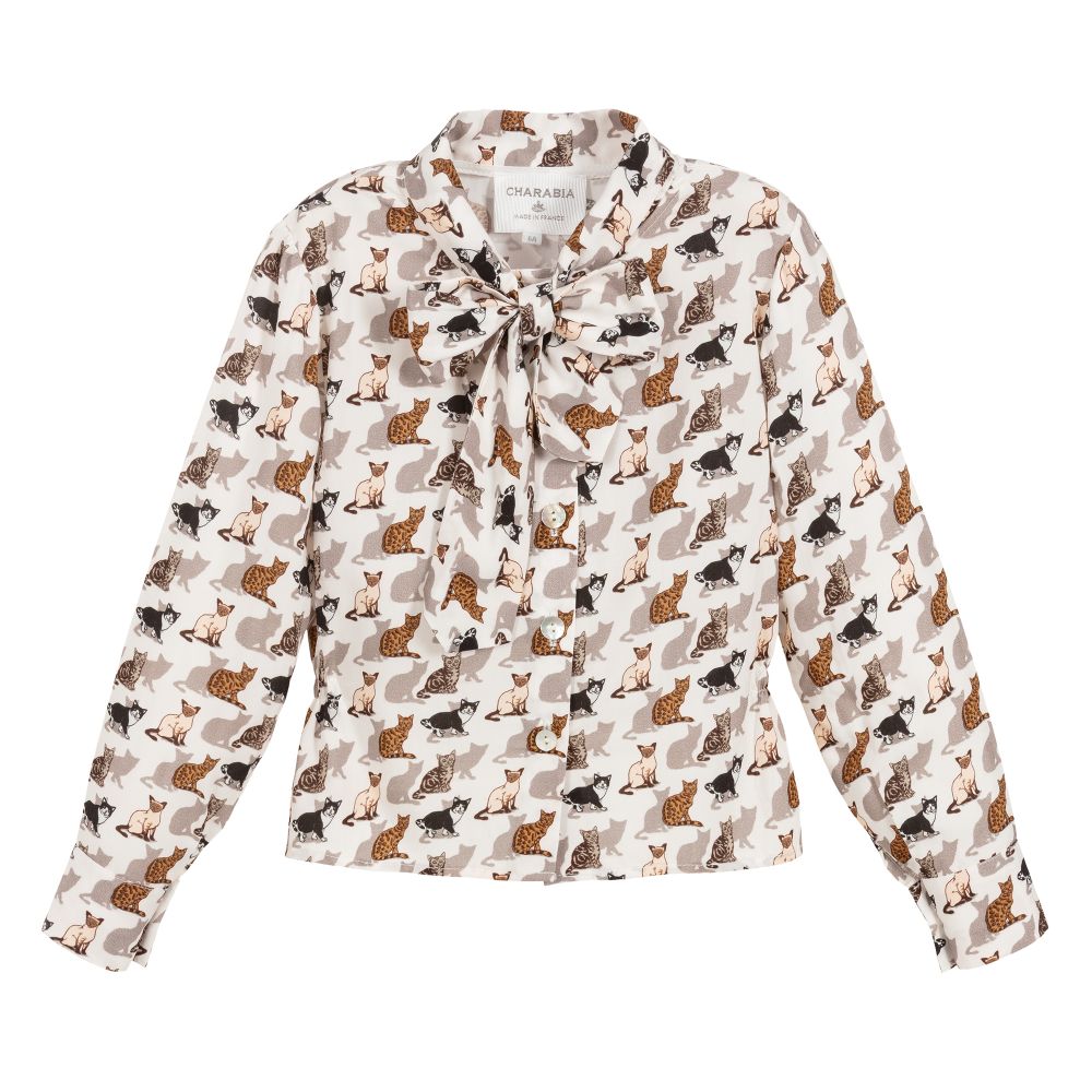 Charabia - Girls Ivory Cat Print Blouse | Childrensalon