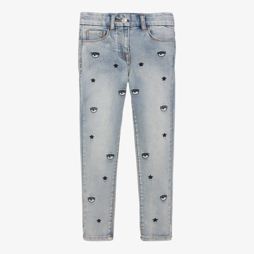 Chiara Ferragni Kids - Girls Blue Embroidered Denim Jeans | Childrensalon