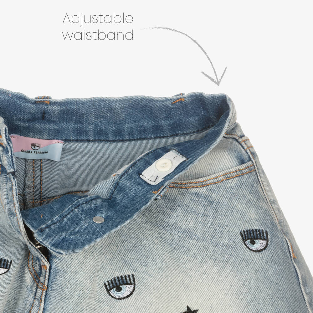 Chiara Ferragni Kids Girls Blue Embroidered Denim Shorts