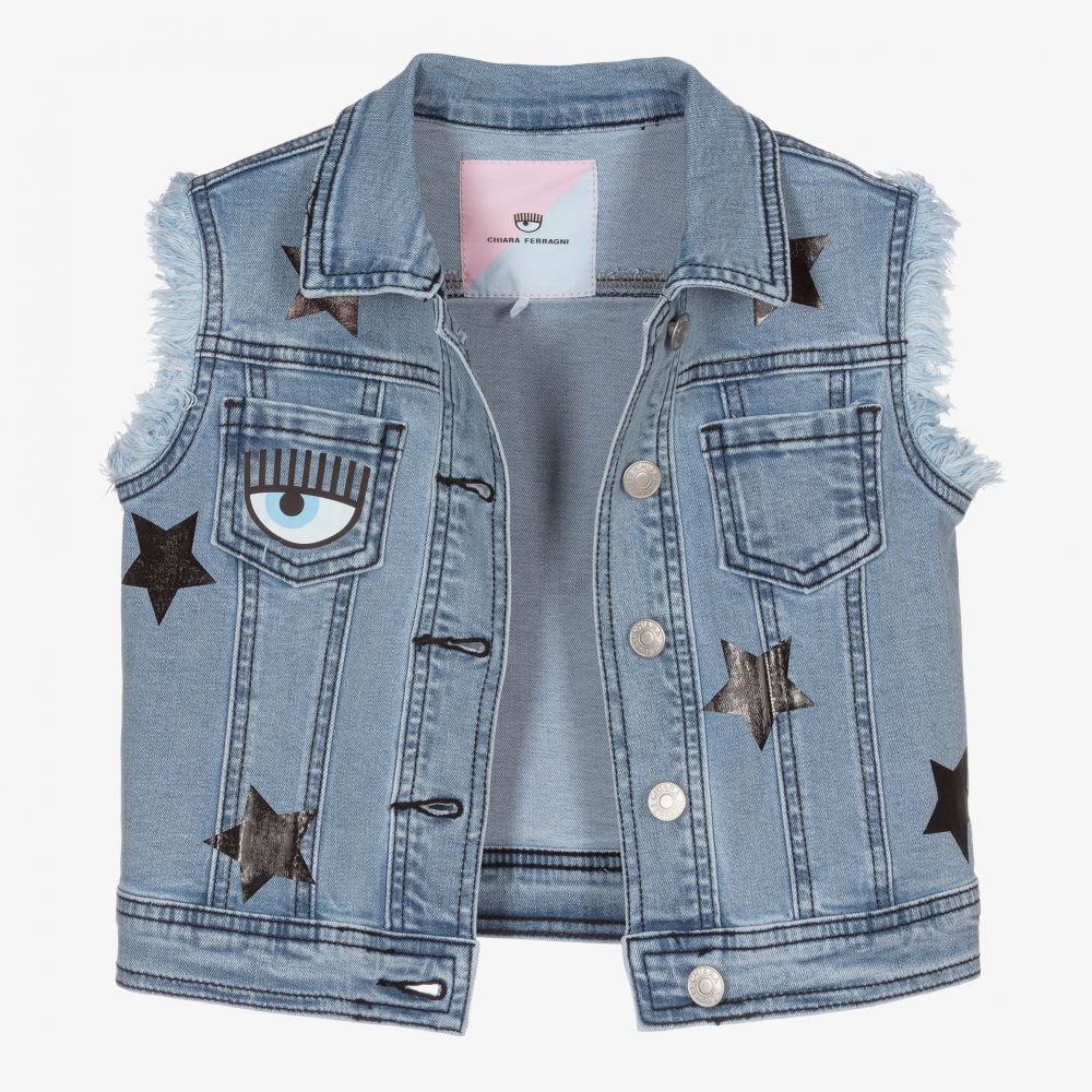 Chiara Ferragni Kids-Голубой джинсовый жилет со звездами для девочек | Childrensalon Outlet