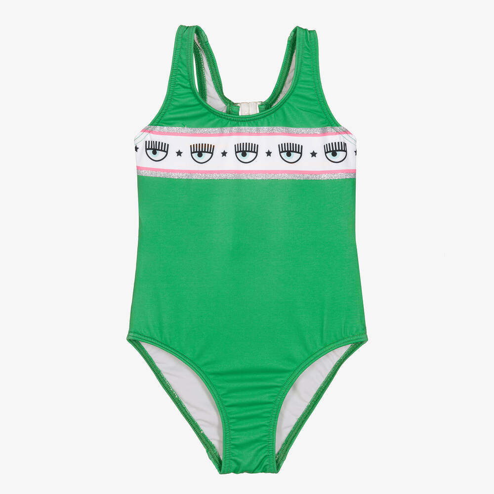 Chiara Ferragni Kids - Girls Green Logomania Swimsuit | Childrensalon