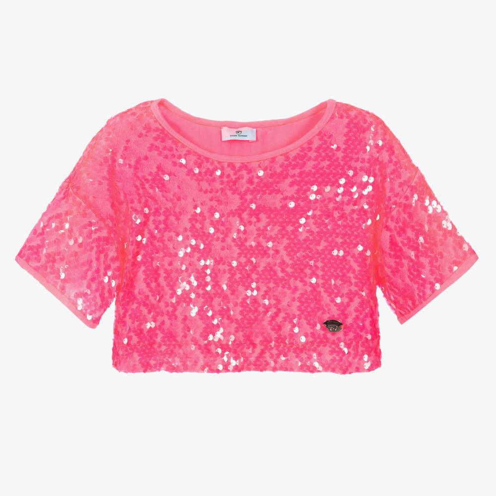Chiara Ferragni Kids - Girls Neon Pink Sequin Tulle Crop Top | Childrensalon