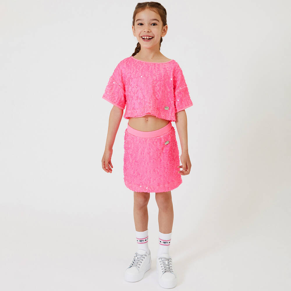 كيّارا فيراغني كيدز-توب قصير تول مزين بترتر لون زهري نيون للبنات | Childrensalon Outlet