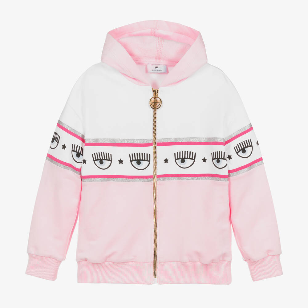 Chiara Ferragni Kids - Girls Pink Logo Cotton Zip-Up Hoodie | Childrensalon