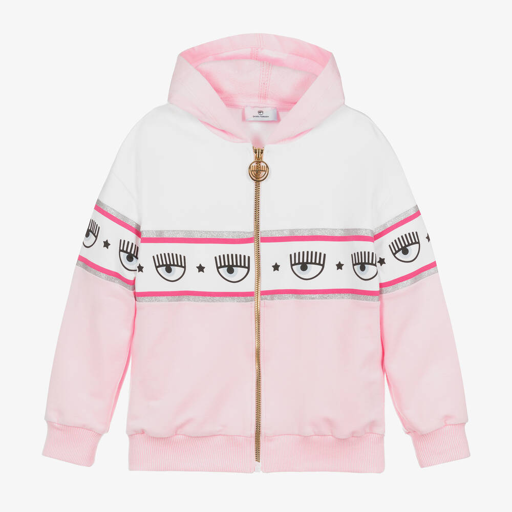 Chiara Ferragni Kids Girls Pink Logo Cotton Zip Up Hoodie