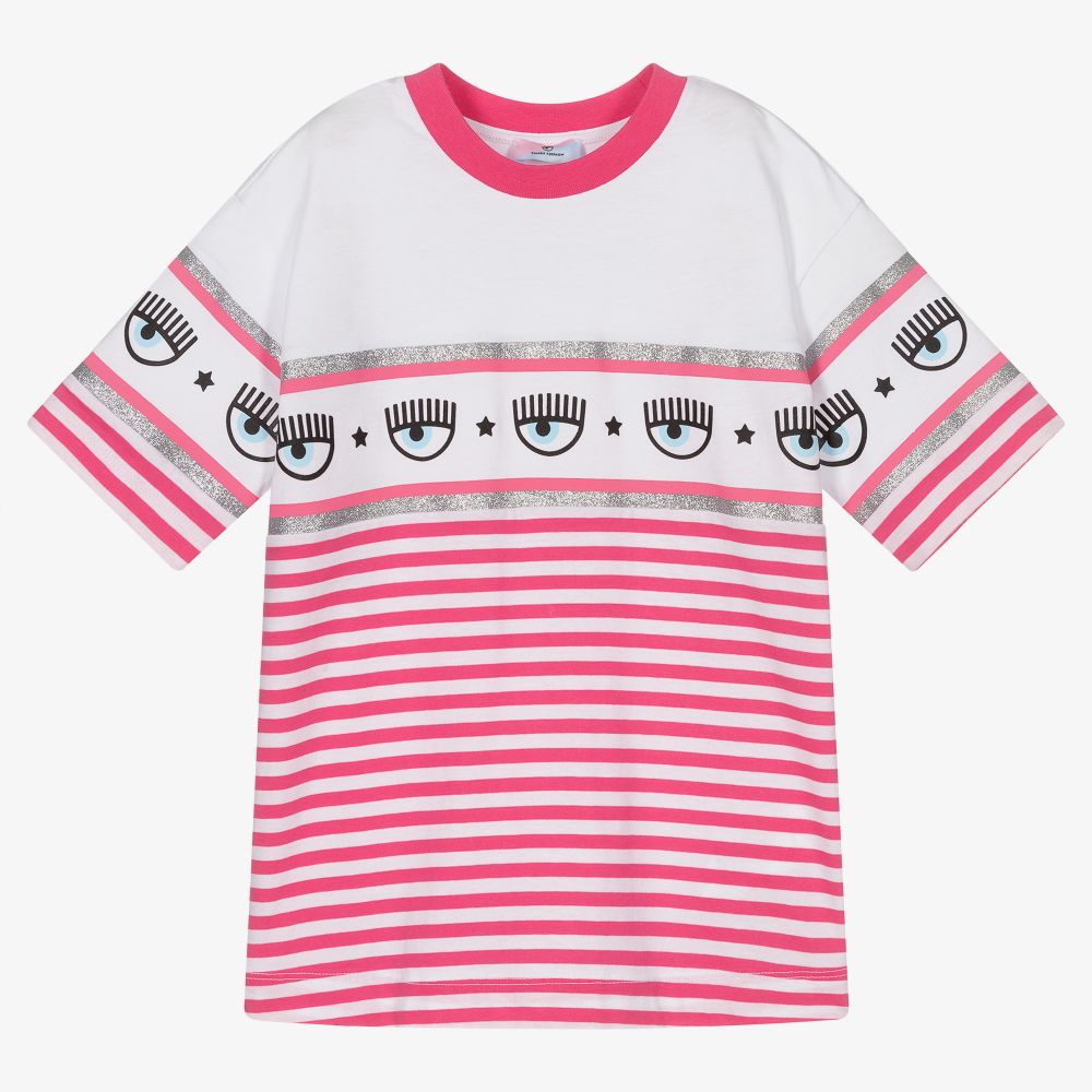 Chiara Ferragni Kids-تيشيرت قطن مقلم لون زهري للبنات | Childrensalon Outlet