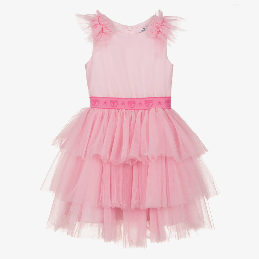 Chiara Ferragni Kids - Girls Pink Tiered Tulle Dress | Childrensalon