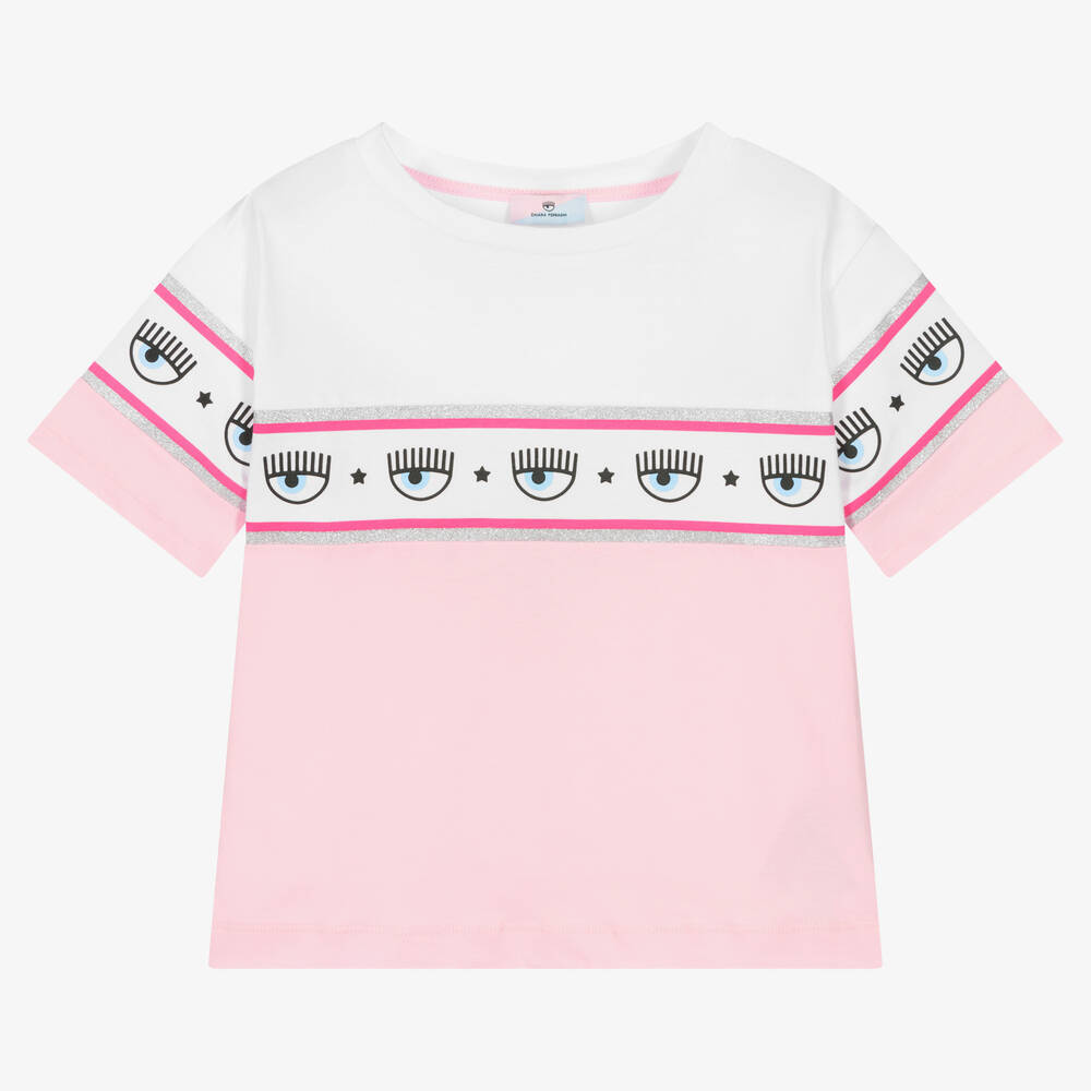 Chiara Ferragni Kids - Розово-белая футболка для девочек | Childrensalon