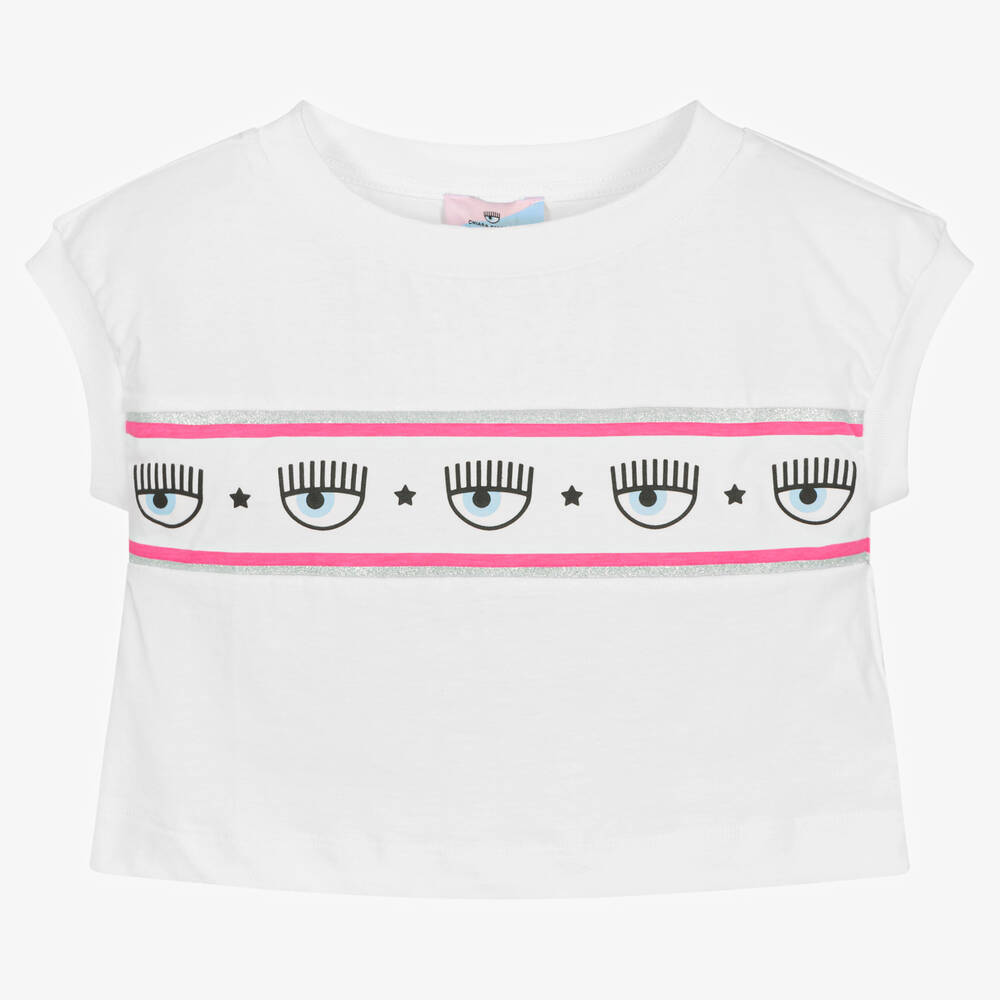 Chiara Ferragni Kids - Girls White Cropped Logo T-shirt | Childrensalon