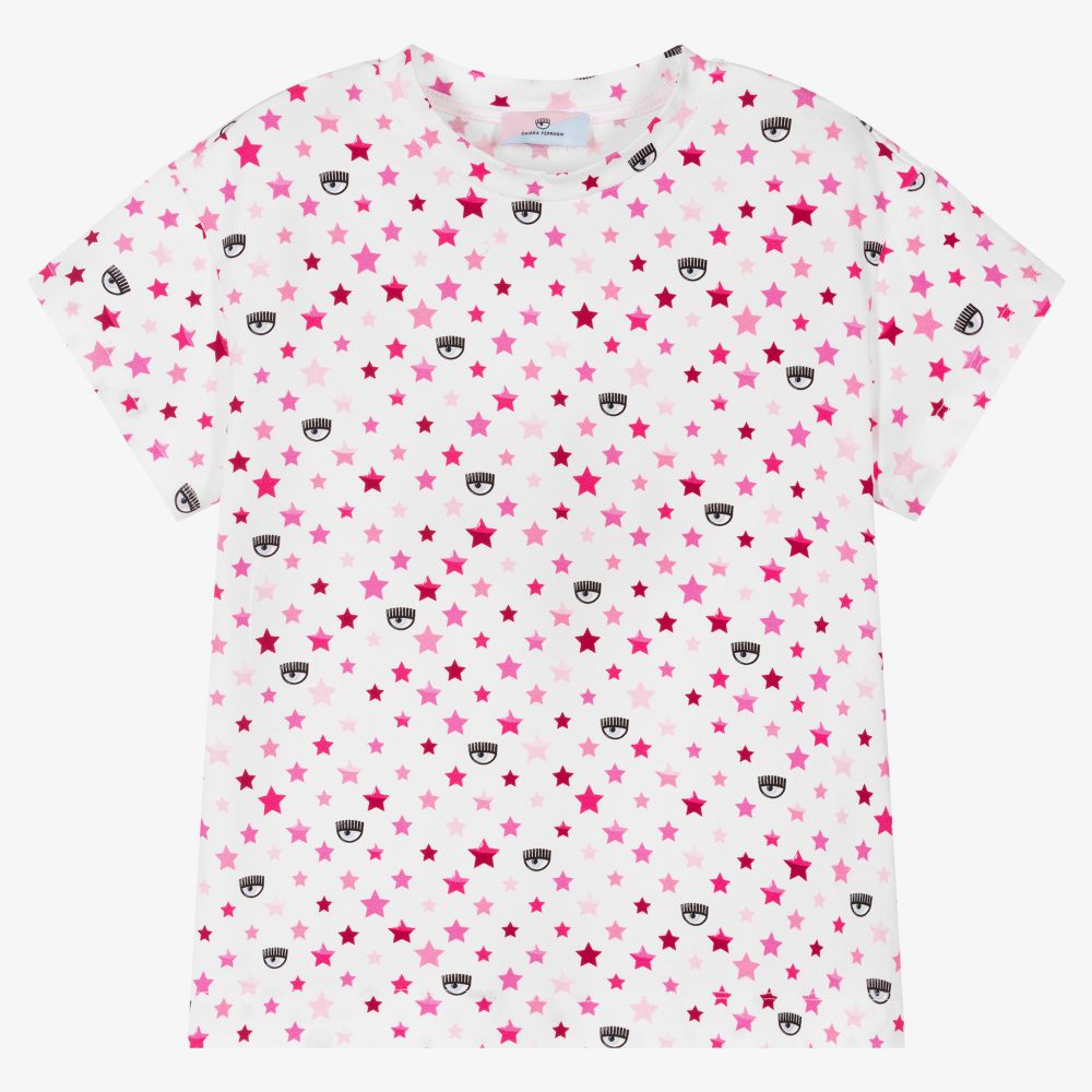 Chiara Ferragni Kids - Бело-розовая футболка для девочек | Childrensalon