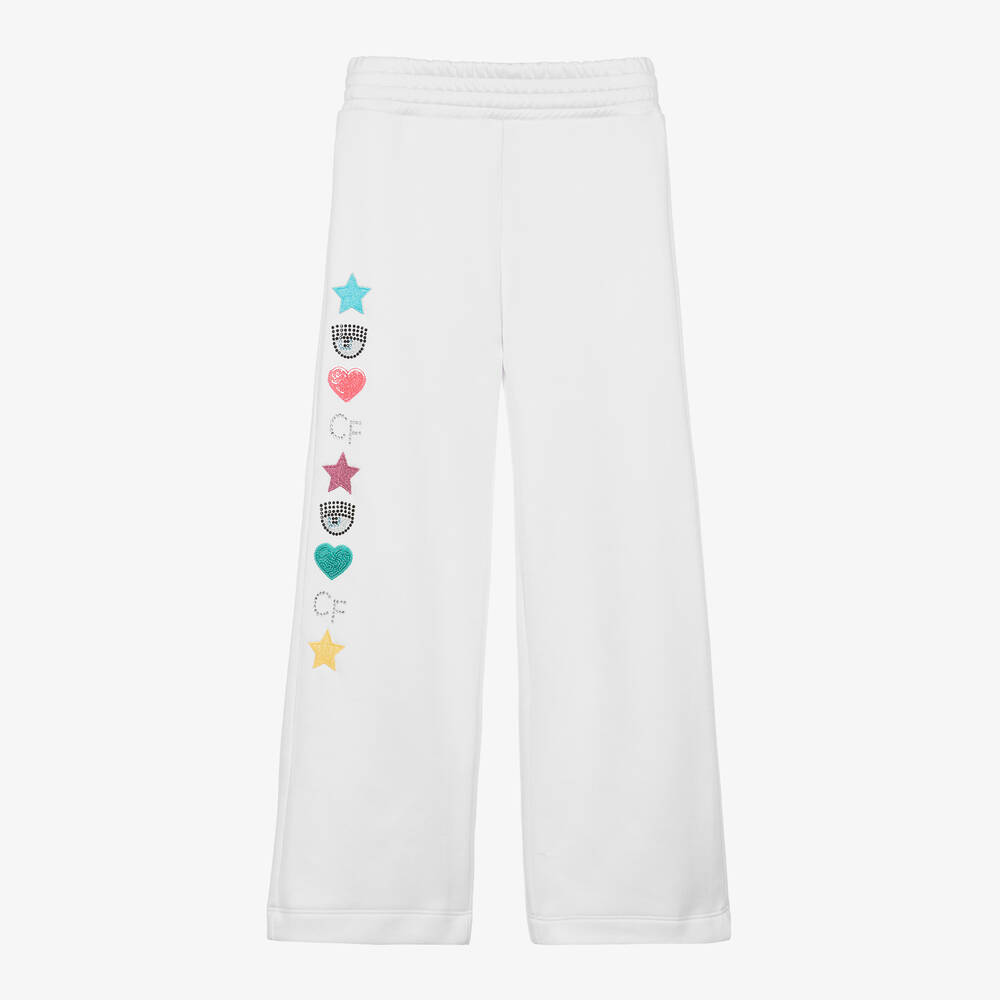 Chiara Ferragni Kids - Girls White Wide-Leg Cotton Joggers | Childrensalon