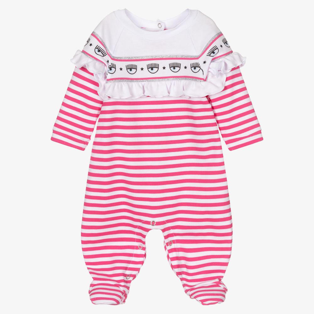 Chiara Ferragni Kids - Pink Stripe Logo Babygrow | Childrensalon