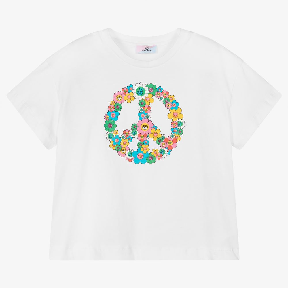 Chiara Ferragni Kids - Weißes T-Shirt mit floralem Peace-Print  | Childrensalon
