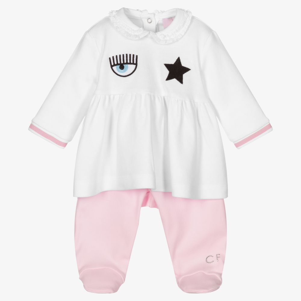 Chiara Ferragni Kids - Eyestar Strampler in Weiß und Rosa  | Childrensalon