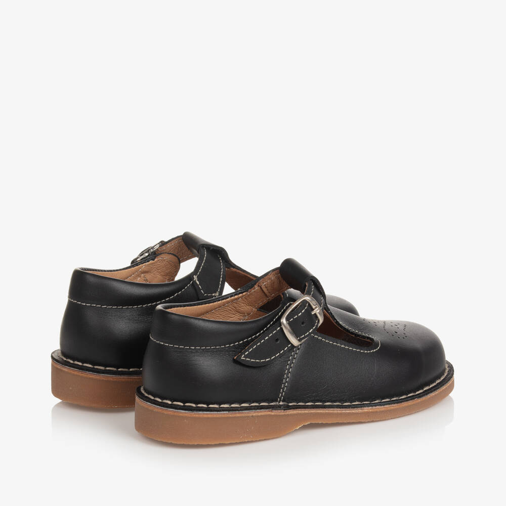 Children's Classics-Black Leather T-Bar Shoes With Exposed Stitching | Childrensalon Outlet
