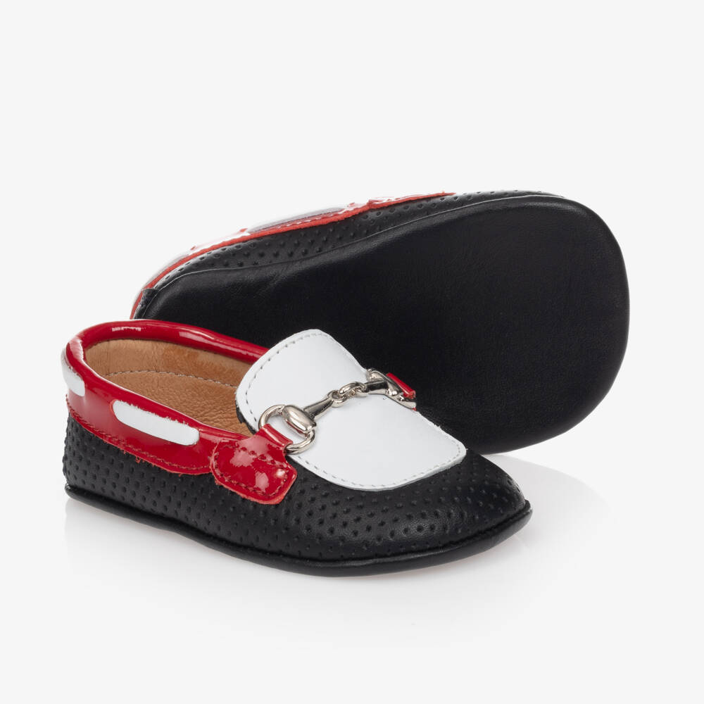 Children's Classics-Navy and Red Leather Baby Pre-Walkers | Childrensalon Outlet