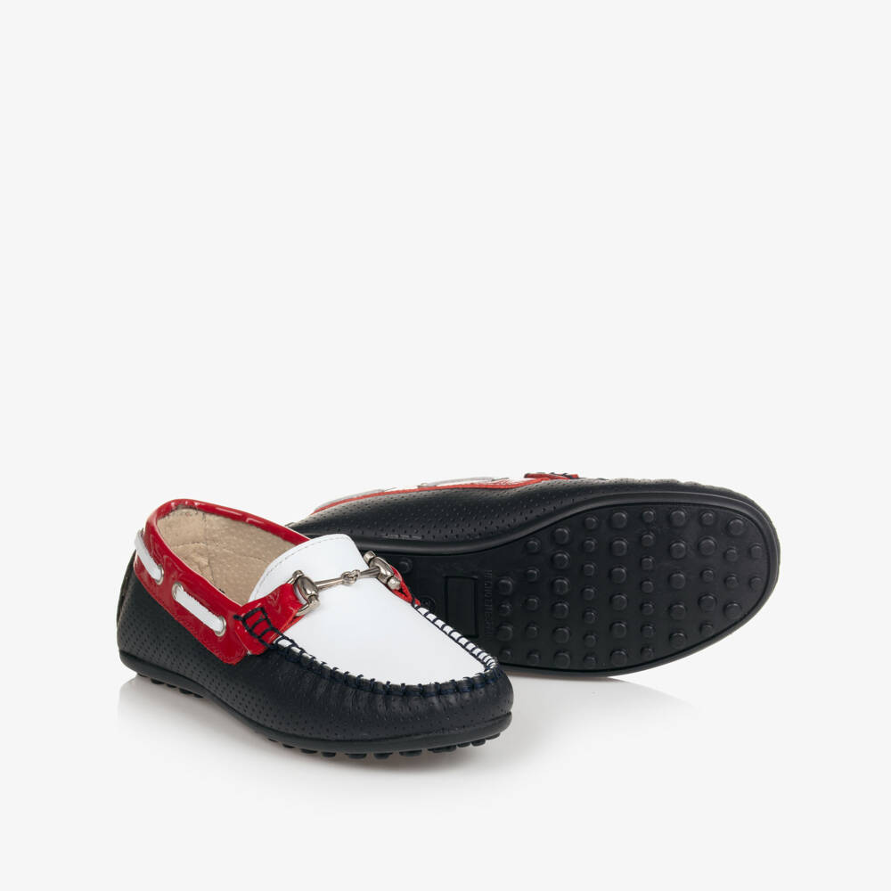 Children's Classics-Navy and White Leather Moccasins | Childrensalon Outlet