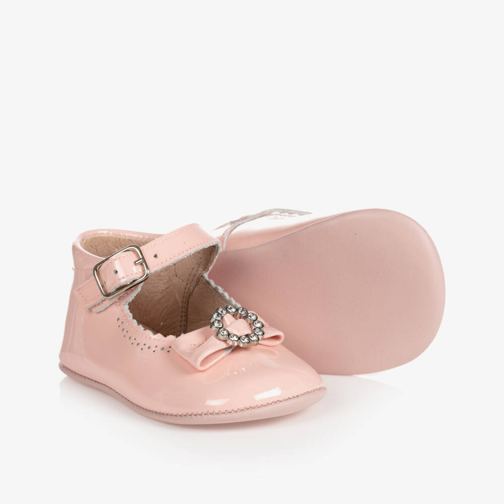 Children's Classics-Pink Leather Pre-Walker Shoes With Diamanté Bow | Childrensalon Outlet