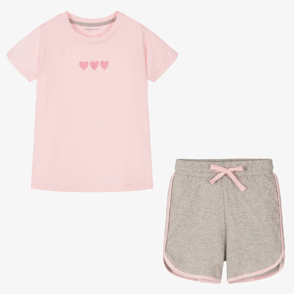 تشلدرن صالون إيسينشيلز-طقم شورت قطن عضوي لون رمادي و زهري للبنات | Childrensalon Outlet