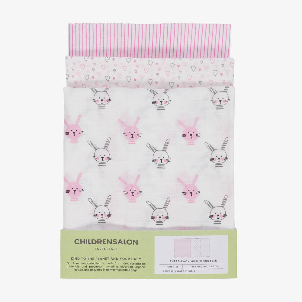 CHILDRENSALON ESSENTIALS Girls Pink Organic Muslin Squares 3 Pack