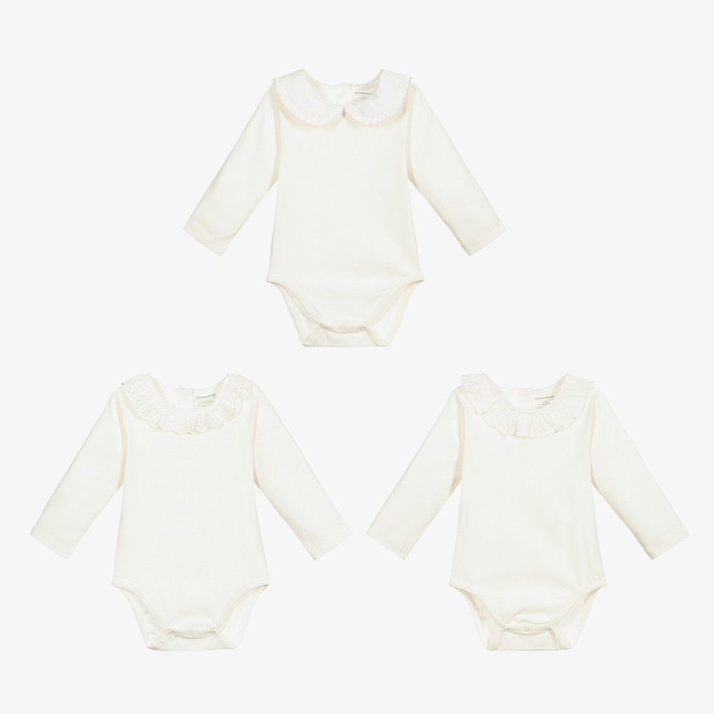 Childrensalon Essentials - أوفرول بادي قطن عضوي لون أبيض للمولودات (عدد 3) | Childrensalon