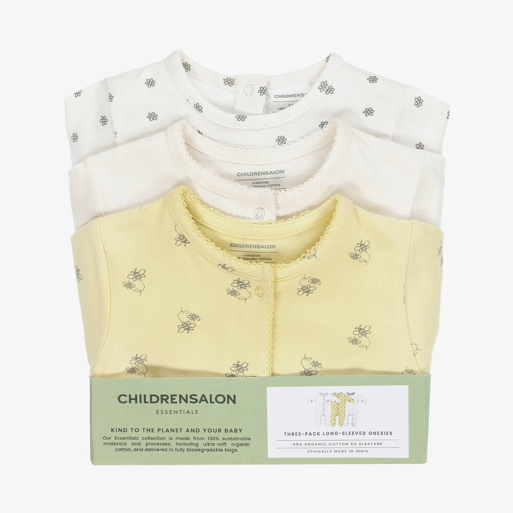 Childrensalon Essentials-Yellow Organic Cotton Babygrows (3 Pack) | Childrensalon Outlet