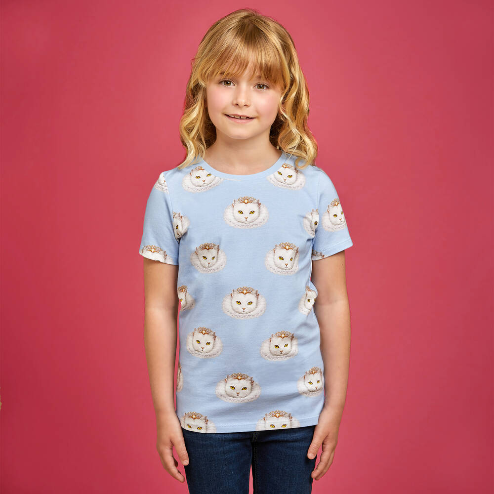 Волшебные принты от CHILDRENSALON-Girls Blue Cotton T-Shirt | Childrensalon Outlet