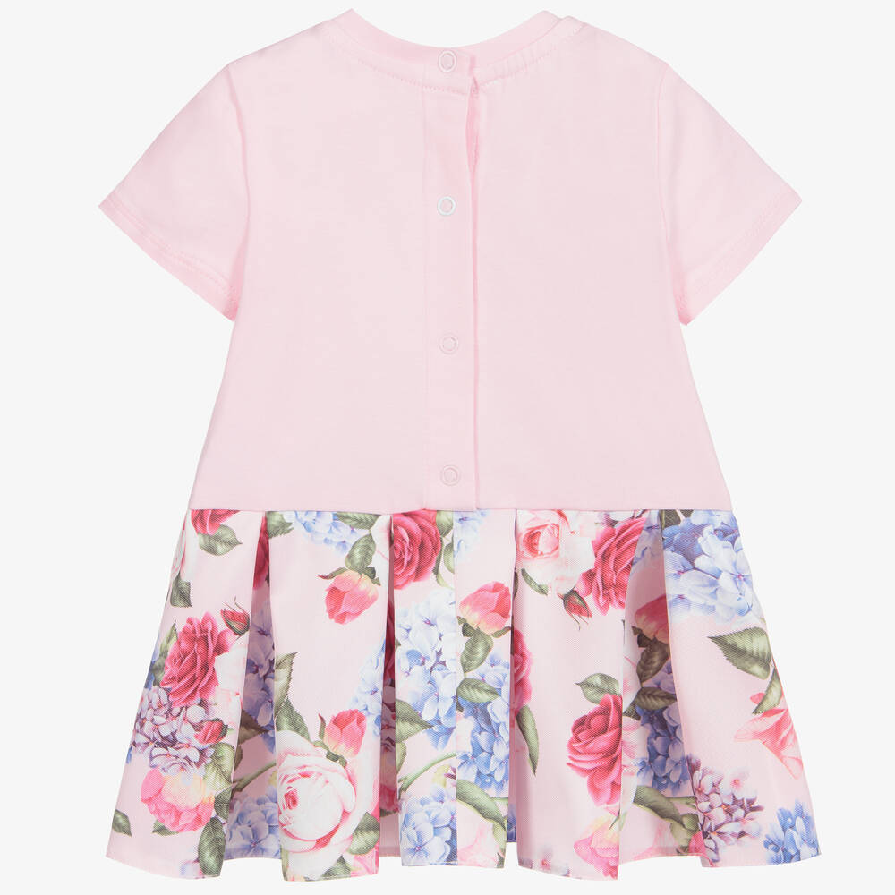 تشلدرن صالون-فستان أطفال بناتي قطن جيرسي وساتان لون زهري بطبعة ورود | Childrensalon Outlet