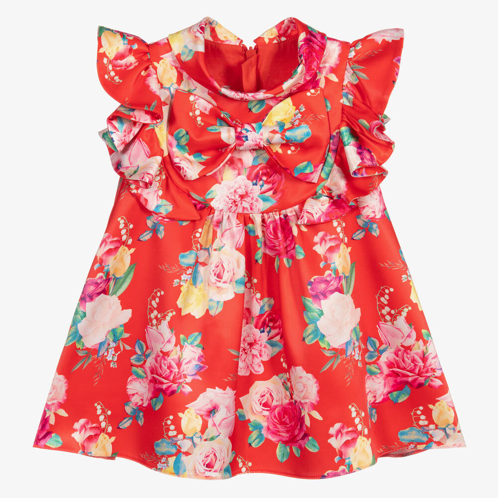 Childrensalon Occasions - Baby Girls Red Floral Satin Dress | Childrensalon