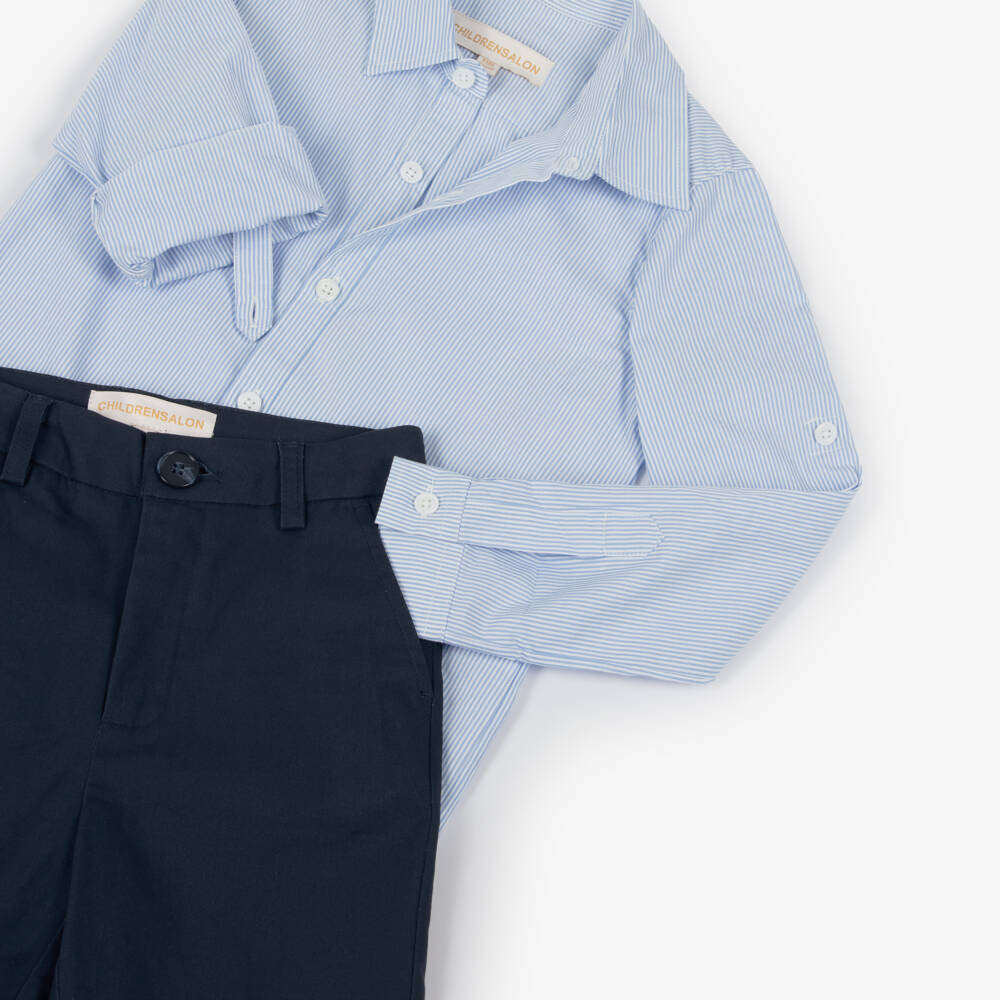 Childrensalon Occasions-Boys Blue Striped Cotton Shirt And Blue Cotton Chino Trousers Set | Childrensalon Outlet
