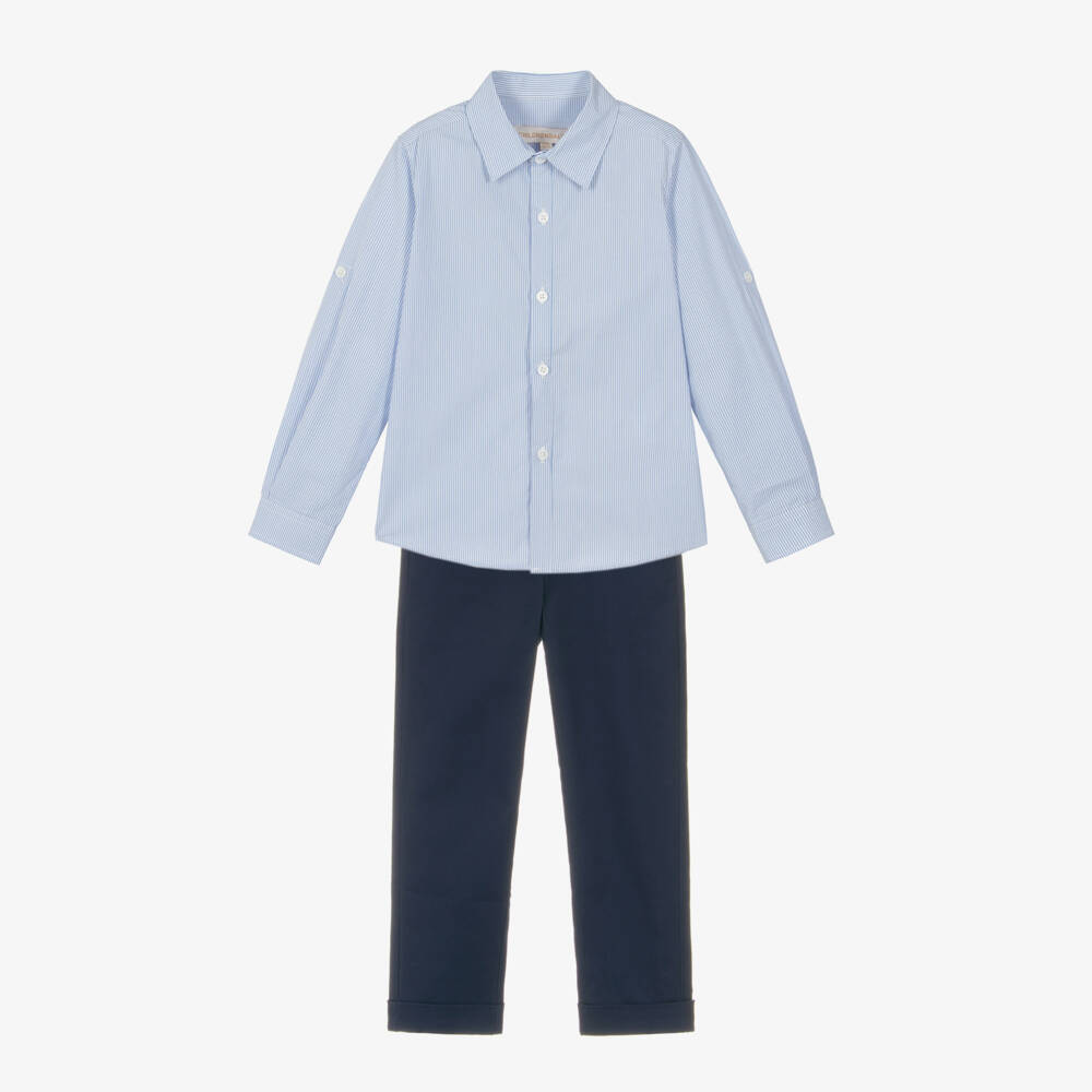 Childrensalon Occasions-Boys Blue Striped Cotton Shirt And Blue Cotton Chino Trousers Set | Childrensalon Outlet