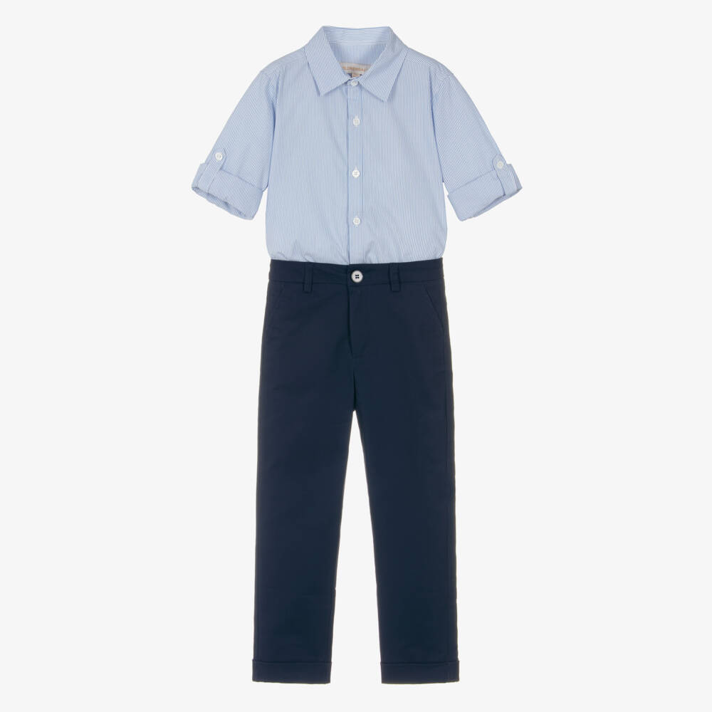 Childrensalon Occasions-Boys Blue Striped Cotton Shirt And Blue Cotton Chino Trousers Set | Childrensalon Outlet