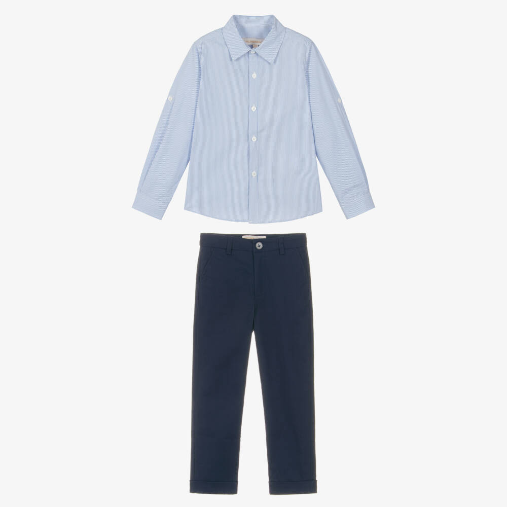Childrensalon Occasions-Boys Blue Striped Cotton Shirt And Blue Cotton Chino Trousers Set | Childrensalon Outlet