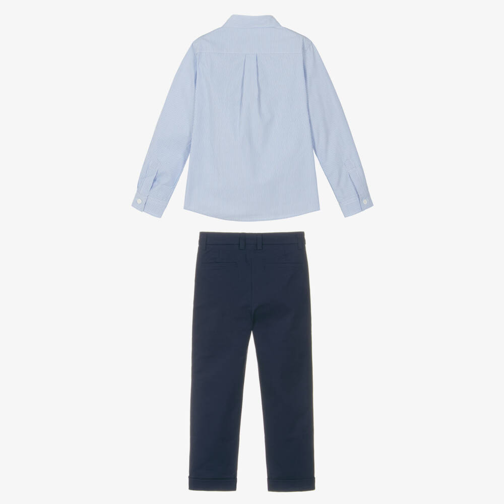 Childrensalon Occasions-Boys Blue Striped Cotton Shirt And Blue Cotton Chino Trousers Set | Childrensalon Outlet