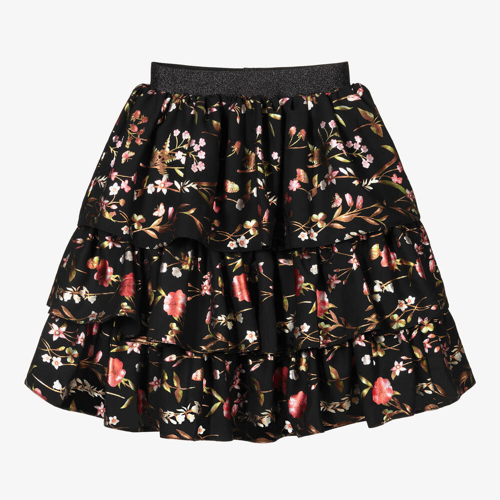 Childrensalon Occasions - Jupe midi fleurie noire en crêpe fille | Childrensalon