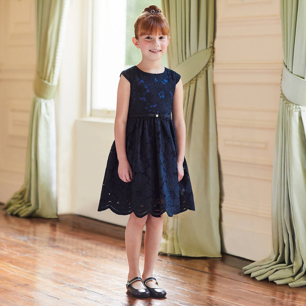 Childrensalon Occasions-Girls Blue Cotton Lace Dress | Childrensalon Outlet