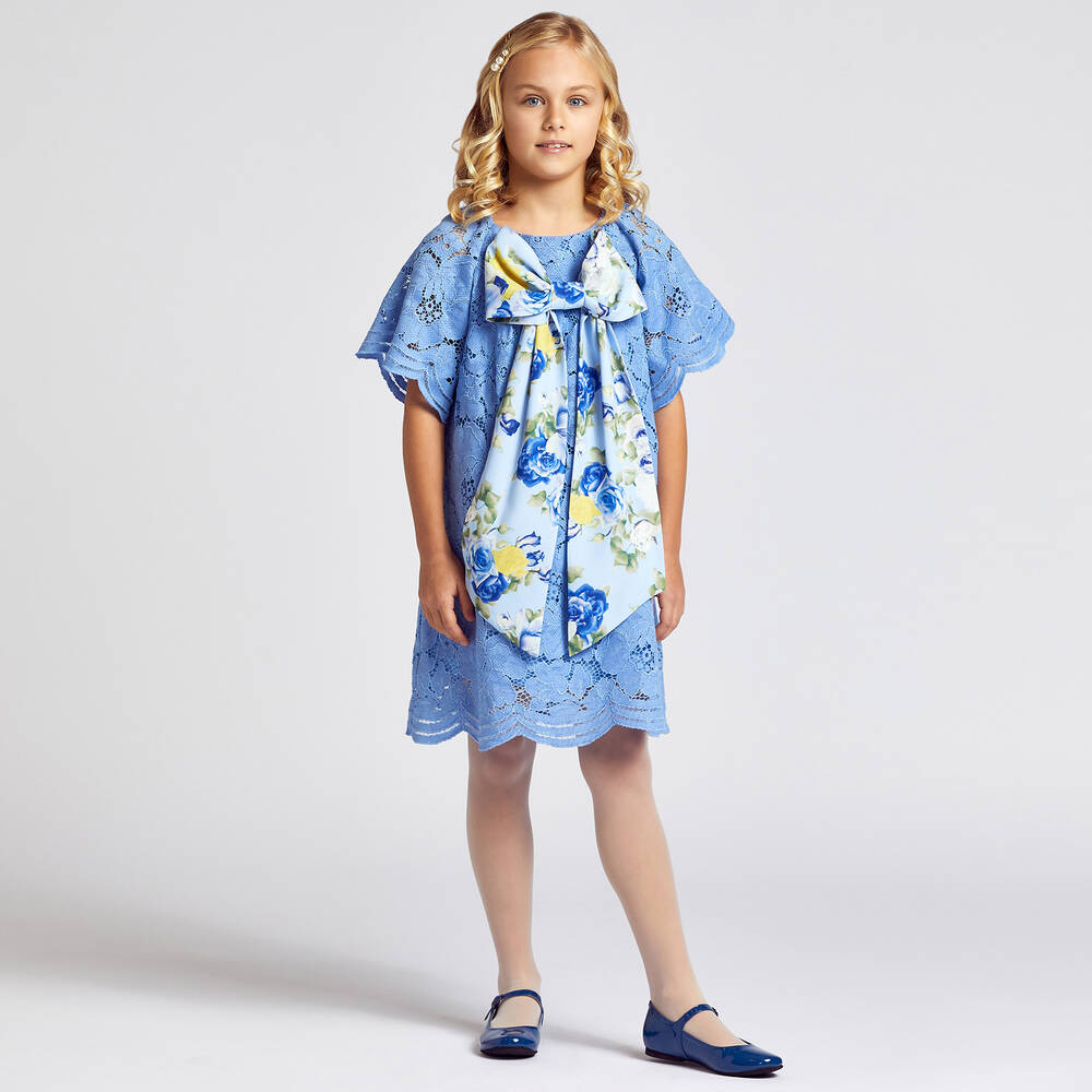 Childrensalon Occasions-Girls Blue Cotton Lace Dress | Childrensalon Outlet
