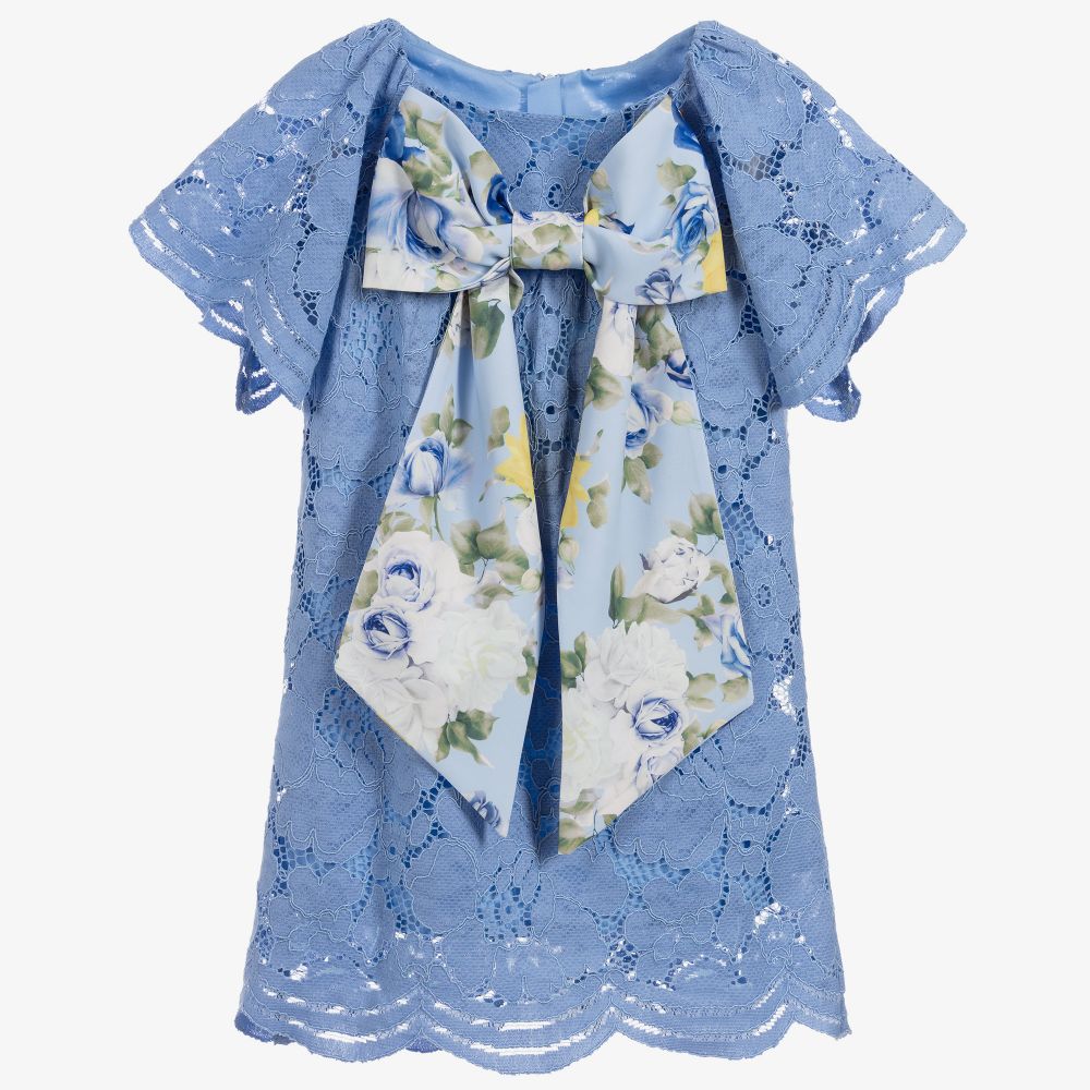 Childrensalon Occasions - Girls Blue Cotton Lace Dress | Childrensalon