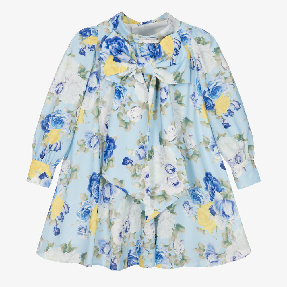 Childrensalon Occasions - Blaues Crêpe-Kleid mit Blumenmuster (M) | Childrensalon