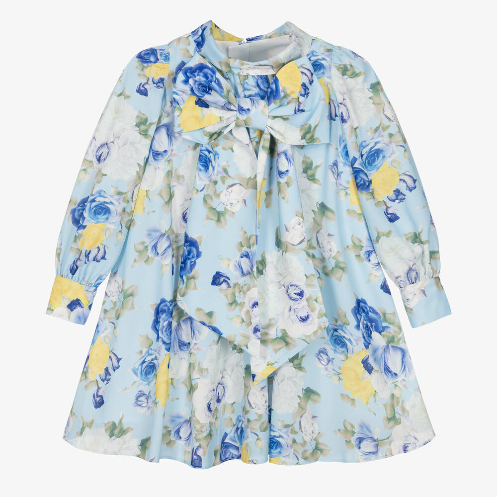 Childrensalon Occasions - Girls Blue Floral Crêpe Bow Dress | Childrensalon