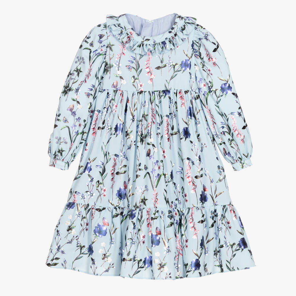 Childrensalon Occasions - Robe en crêpe bleue à fleurs fille | Childrensalon