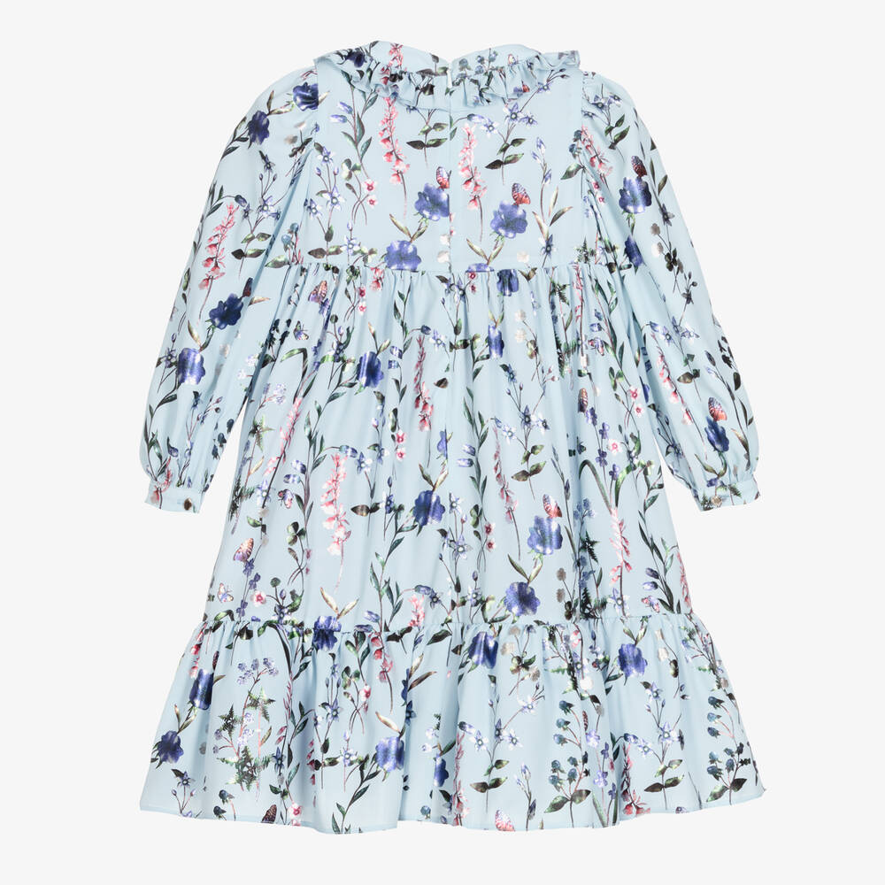 Childrensalon Occasions-Голубое платье в цветочек из крепа для девочек | Childrensalon Outlet