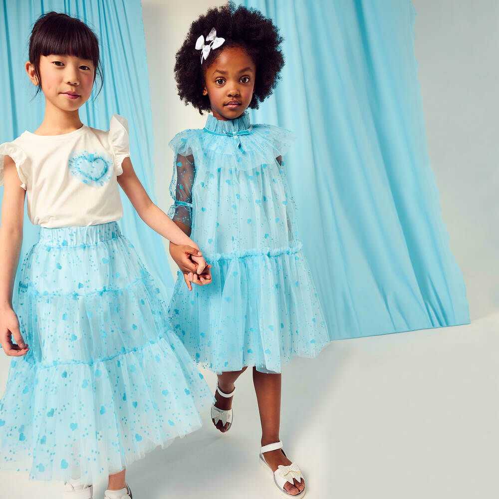 تشلدرن صالون-فستان تول لون أزرق بطبعة قلوب | Childrensalon Outlet