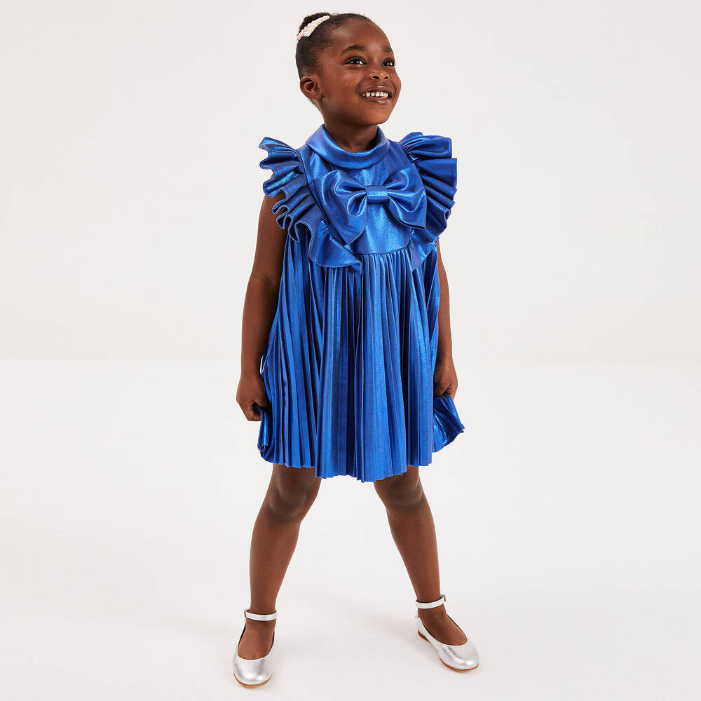 CHILDRENSALON OCCASIONS Girls Blue Metallic Pleated Dress