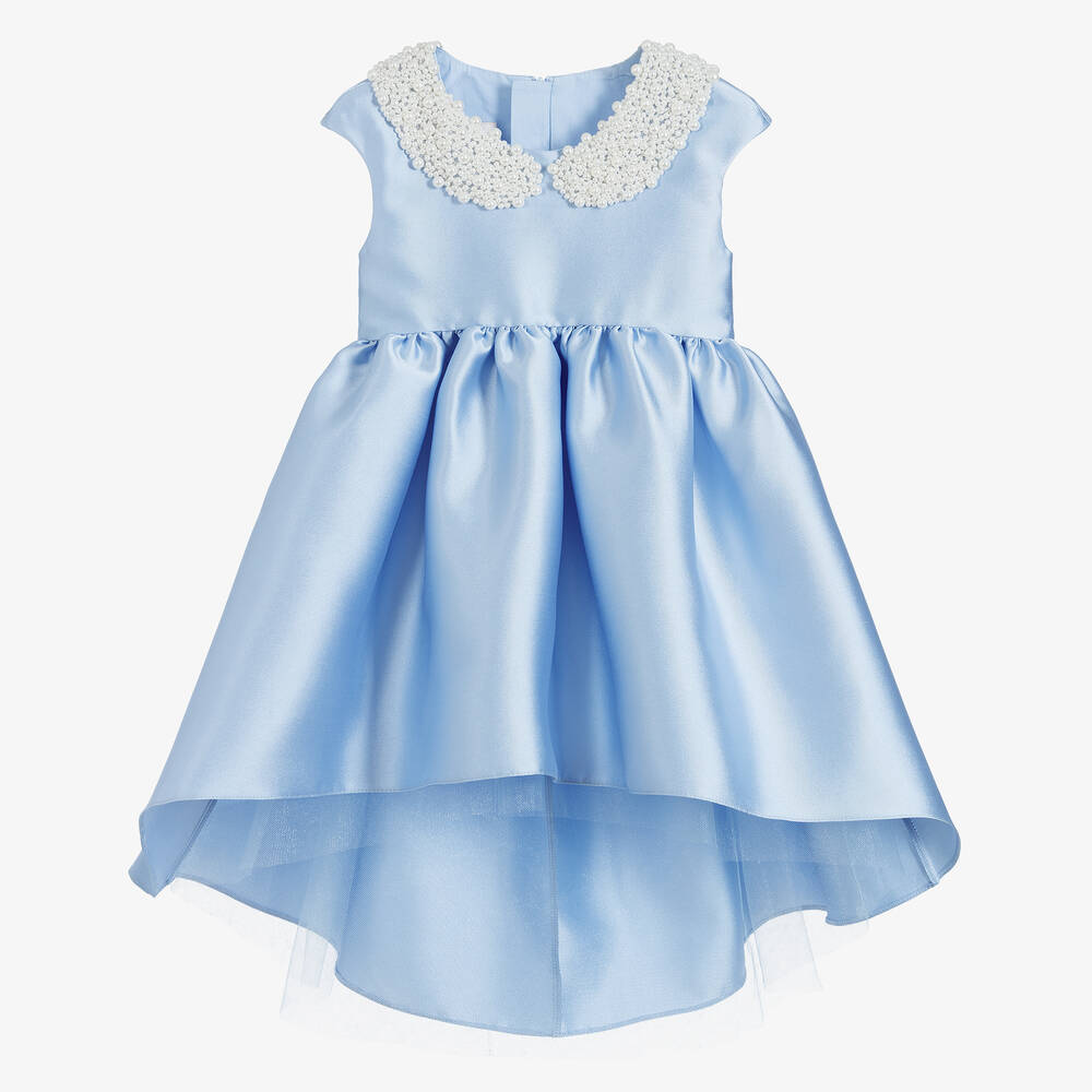 Childrensalon Occasions - Girls Blue Satin & Pearl Collar Dress | Childrensalon