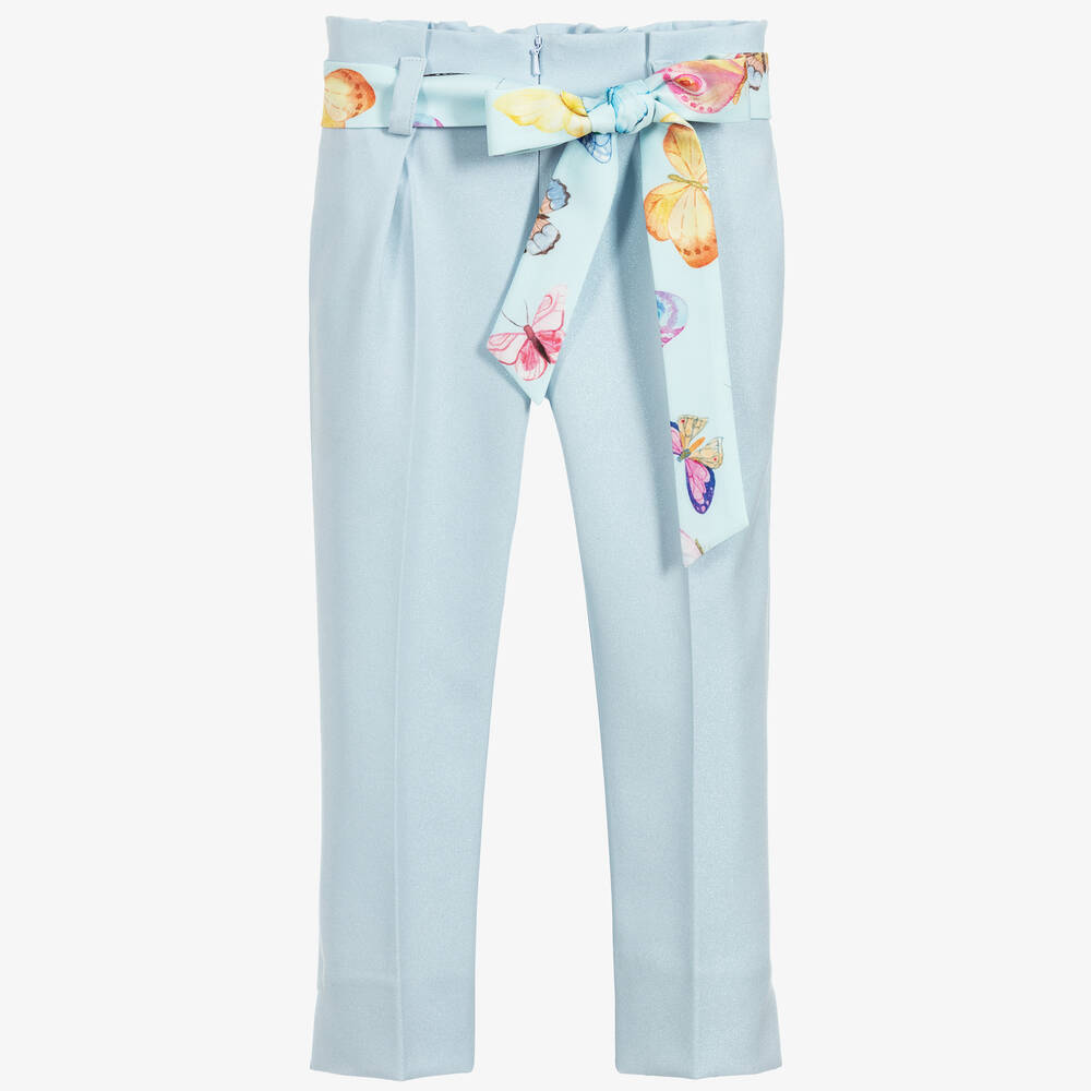 Childrensalon Occasions - Голубые вискозные брюки с поясом с бабочками | Childrensalon