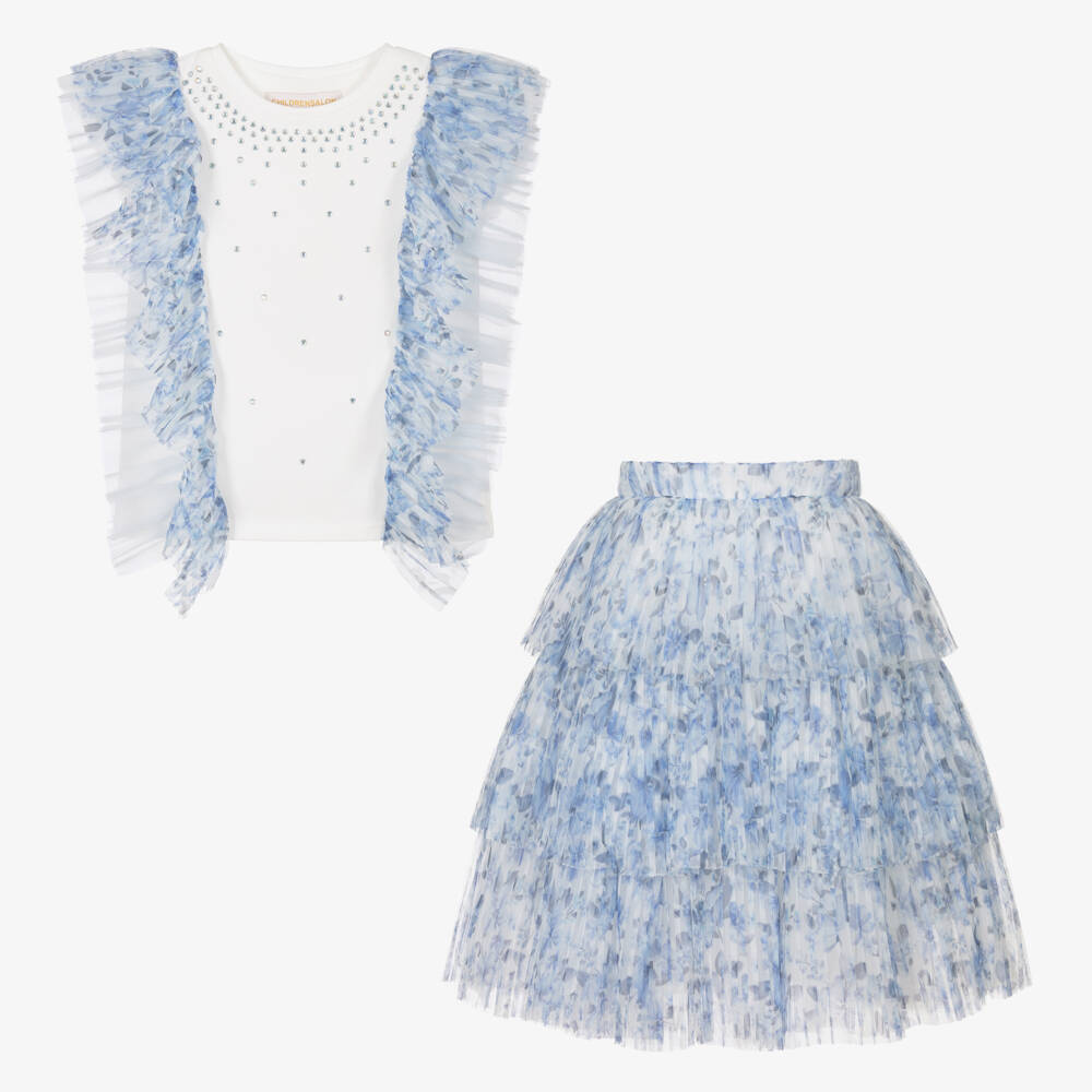 Childrensalon Occasions-Girls Elegant Blue Floral Skirt Ensemble | Childrensalon Outlet