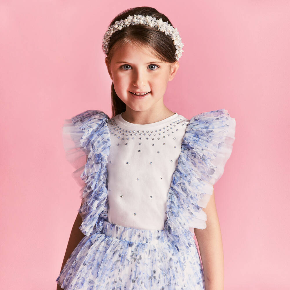 Childrensalon Occasions-Girls Elegant Blue Floral Tulle Skirt | Childrensalon Outlet