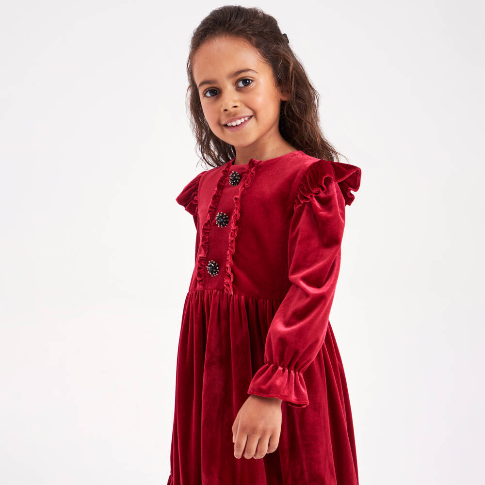Childrensalon Occasions-فستان قطيفة لون أحمر | Childrensalon Outlet